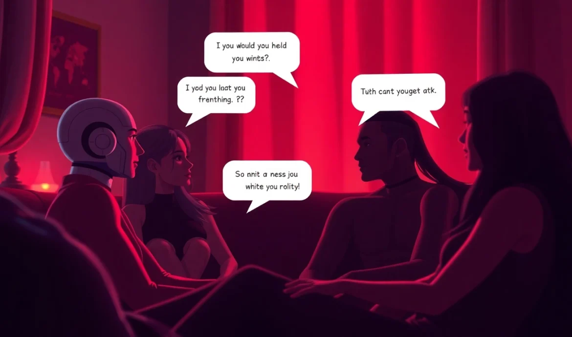 A futuristic intimate chat interface with diverse AI avatars in a cozy setting.
