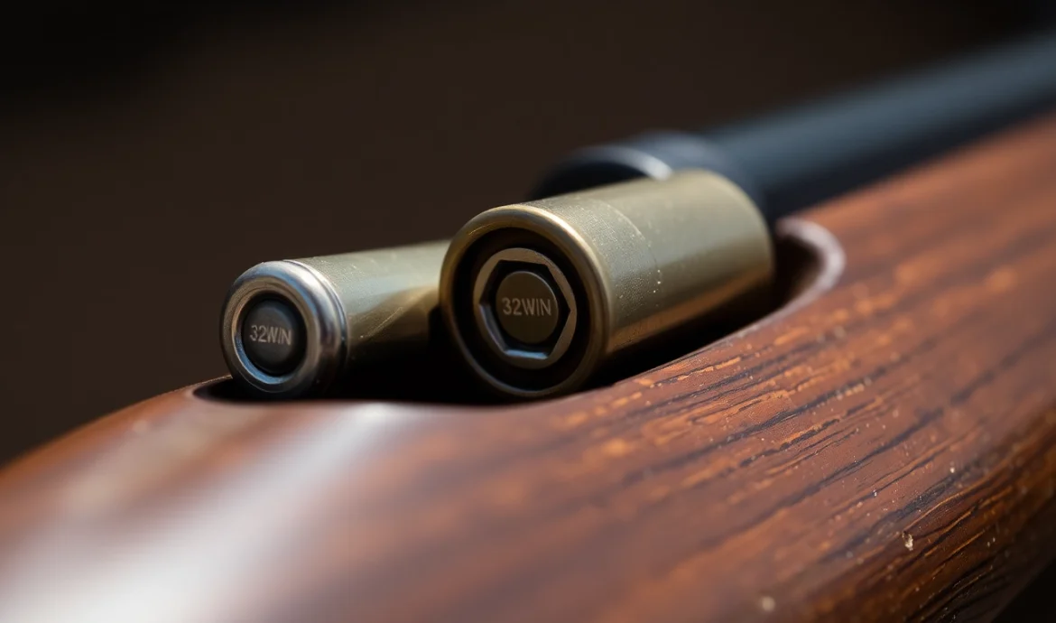 Detailed shot of a 32WIN cartridge on a wooden surface, highlighting its age and classic design for firearm enthusiasts.