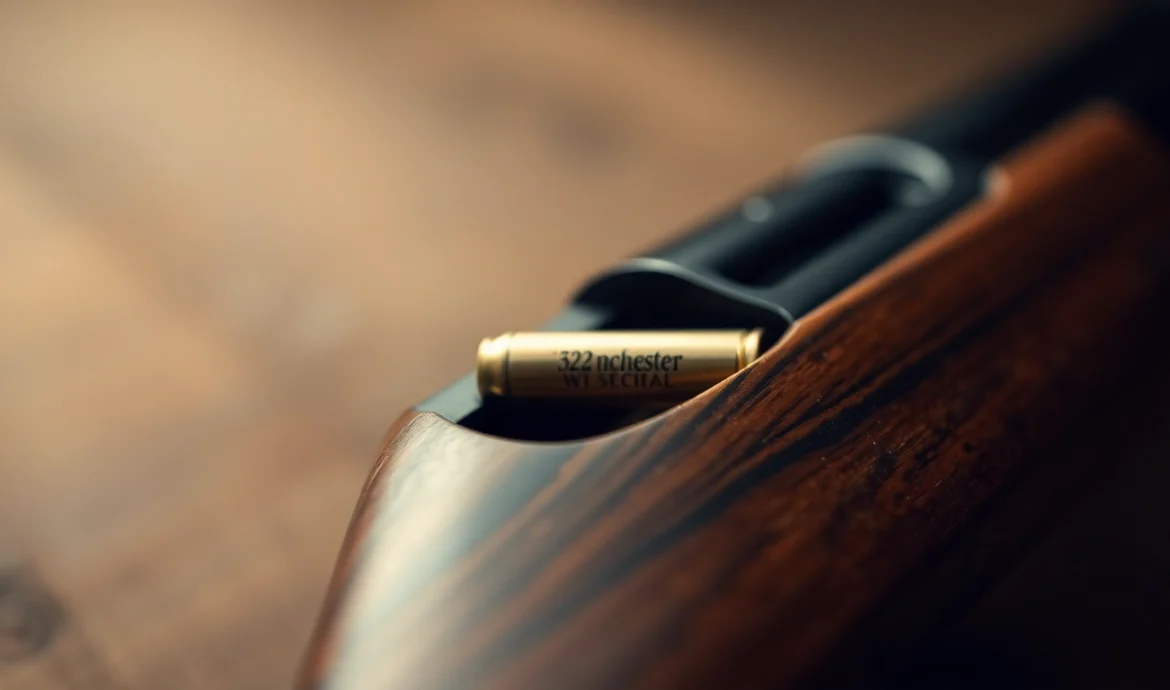 The 32WIN cartridge showcased in a detailed close-up highlighting vintage firearm appeal and craftsmanship.