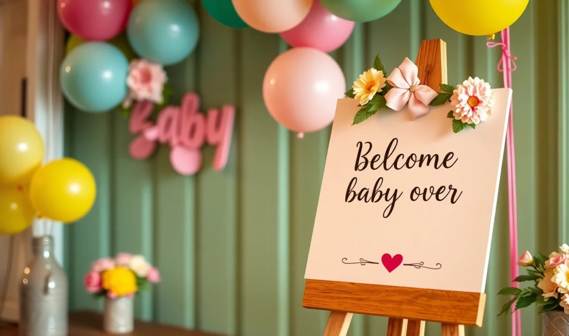 Beautiful baby shower welcome sign on a rustic wooden easel with pastel decorations, perfect for greeting guests.