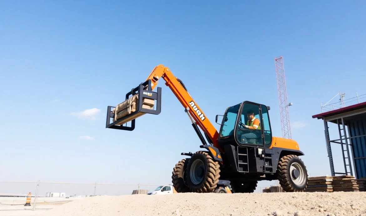 Quick and reliable telehandler rental available for construction projects, showcasing a durable machine in action on a busy site for efficient lifting and handling tasks.