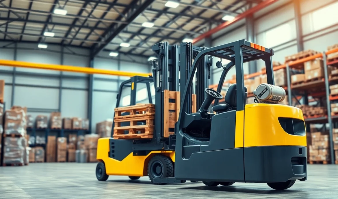 Forklift rental service featuring a modern electric forklift lifting pallets in a warehouse environment for efficient material handling.