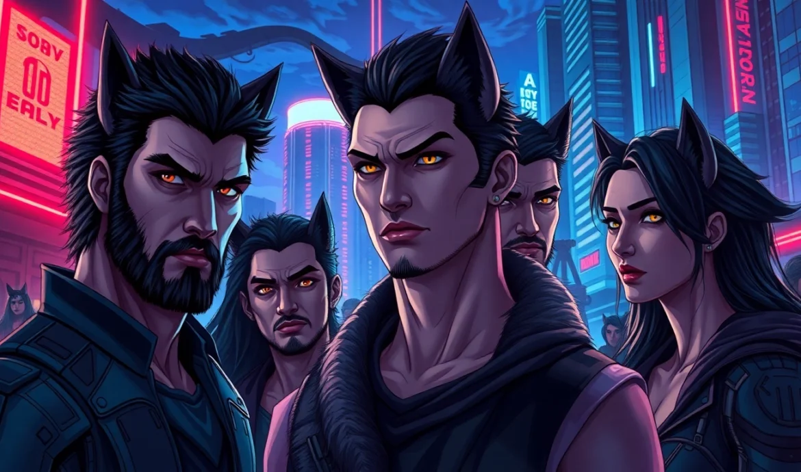 Digital art of a futuristic society inspired by the Omegaverse, showing humans with wolf-like features in a neon-lit cityscape at dusk.
