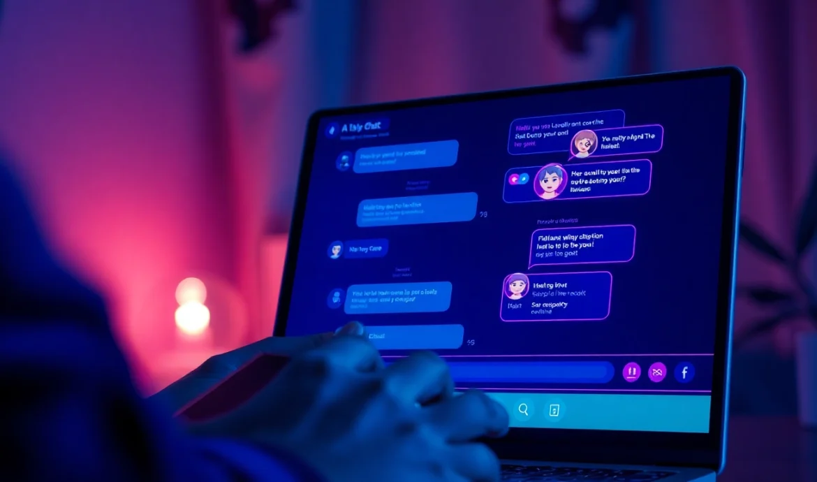 A modern digital chat interface on a screen with neon accents, showing a user engaging with customizable AI characters in a cozy, dimly lit environment.