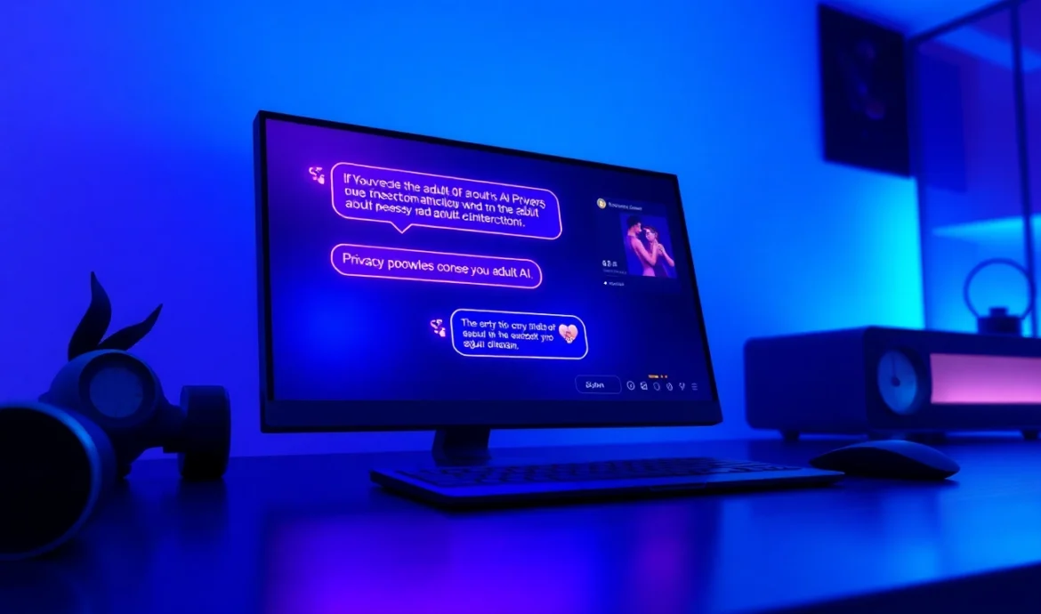 A futuristic workspace with an AI chatbot interface discussing adult themes, glowing screens, and modern decor.