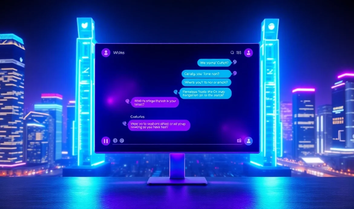 Futuristic digital interface displaying a chatbot conversation with neon lighting and a cityscape background.