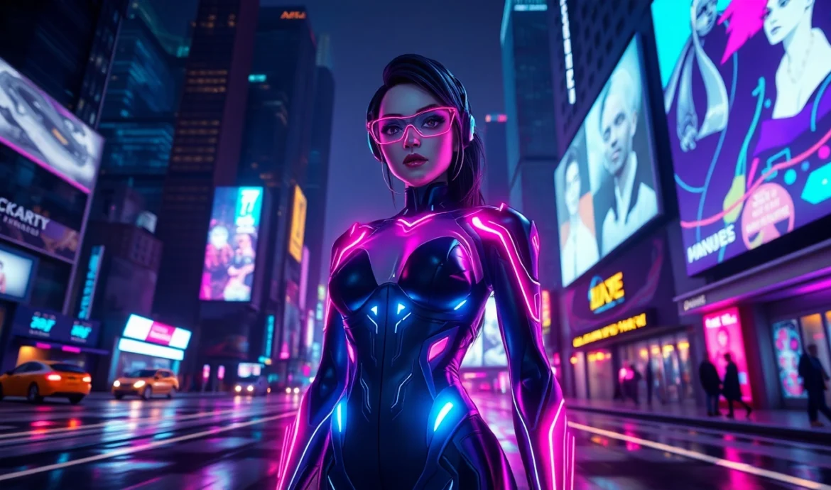 Futuristic female AI character in a neon-lit cyberpunk cityscape with holographic accents and high-tech attire.