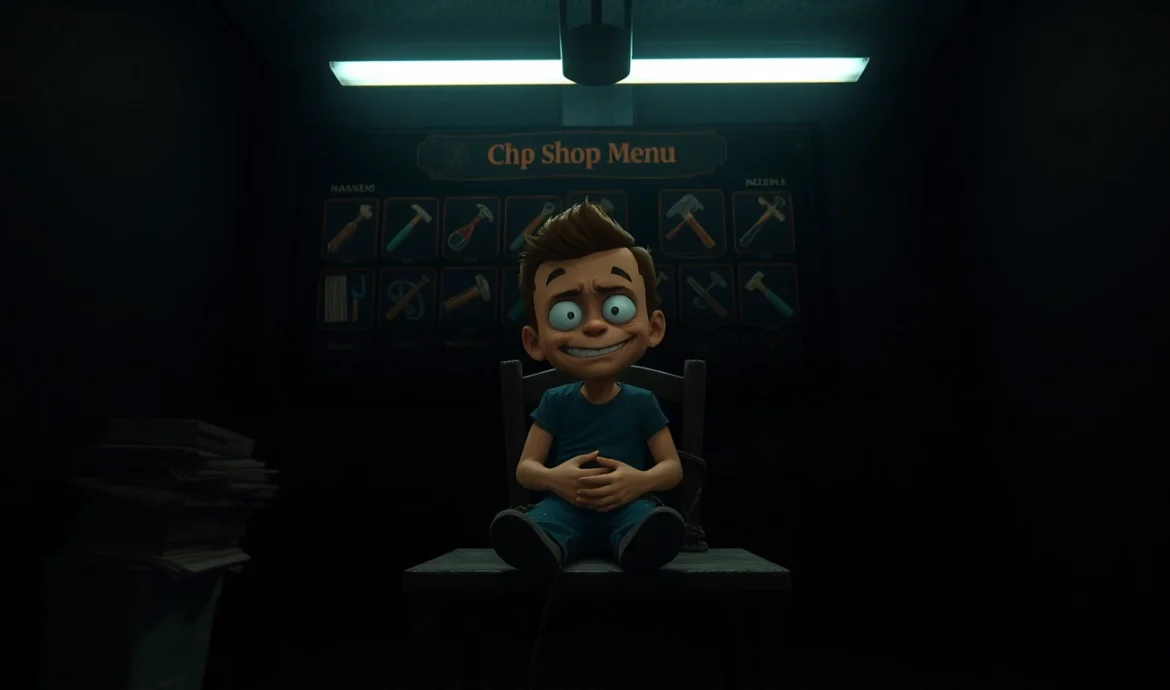 A distressed cartoon character tied to a chair in a dark room with a glowing shop menu behind him, evoking tension and moral conflict.