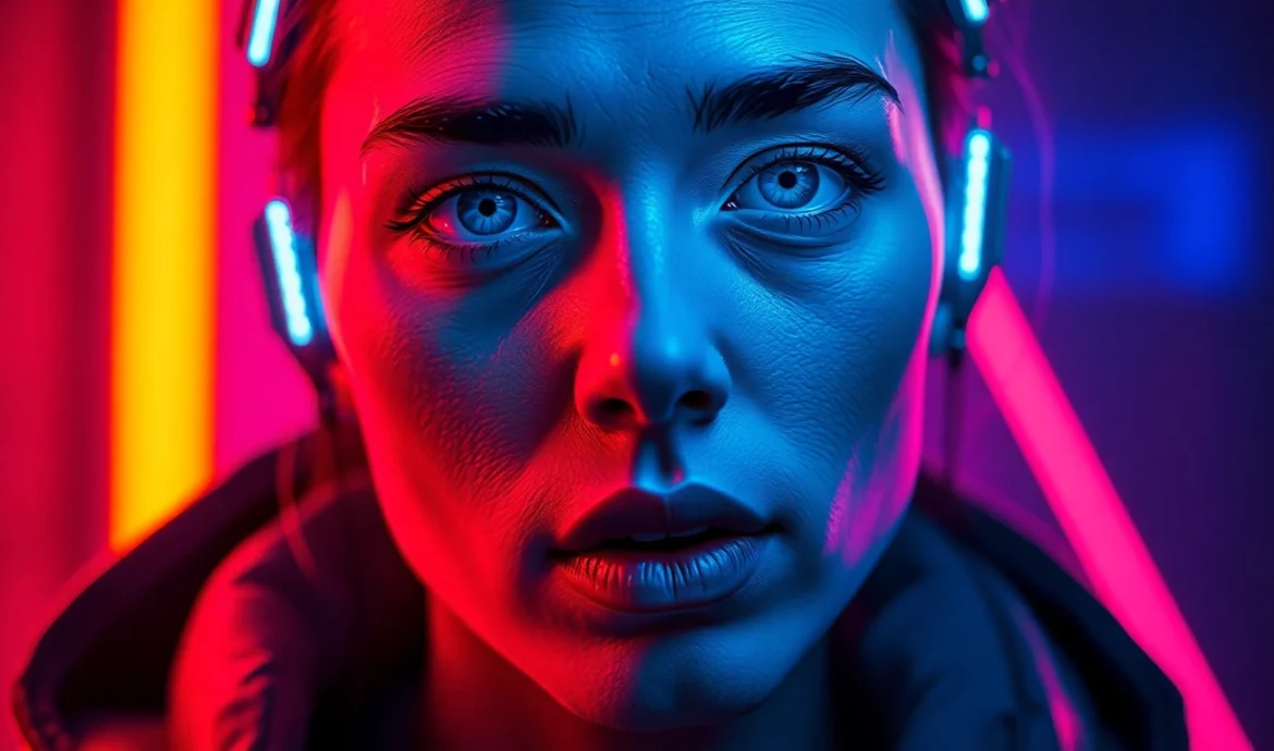 Dramatic NSFW AI Image Generator portrait with neon lighting and emotion.
