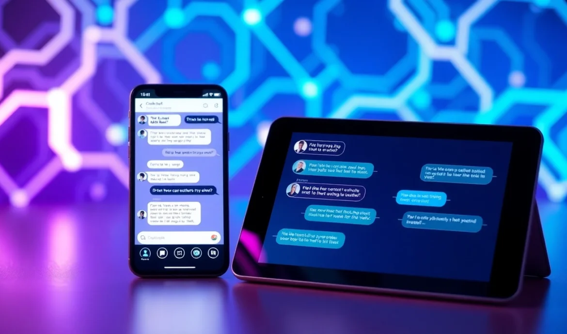 An illustration of modern devices displaying chatbot conversations with glowing text bubbles in a futuristic tech background.