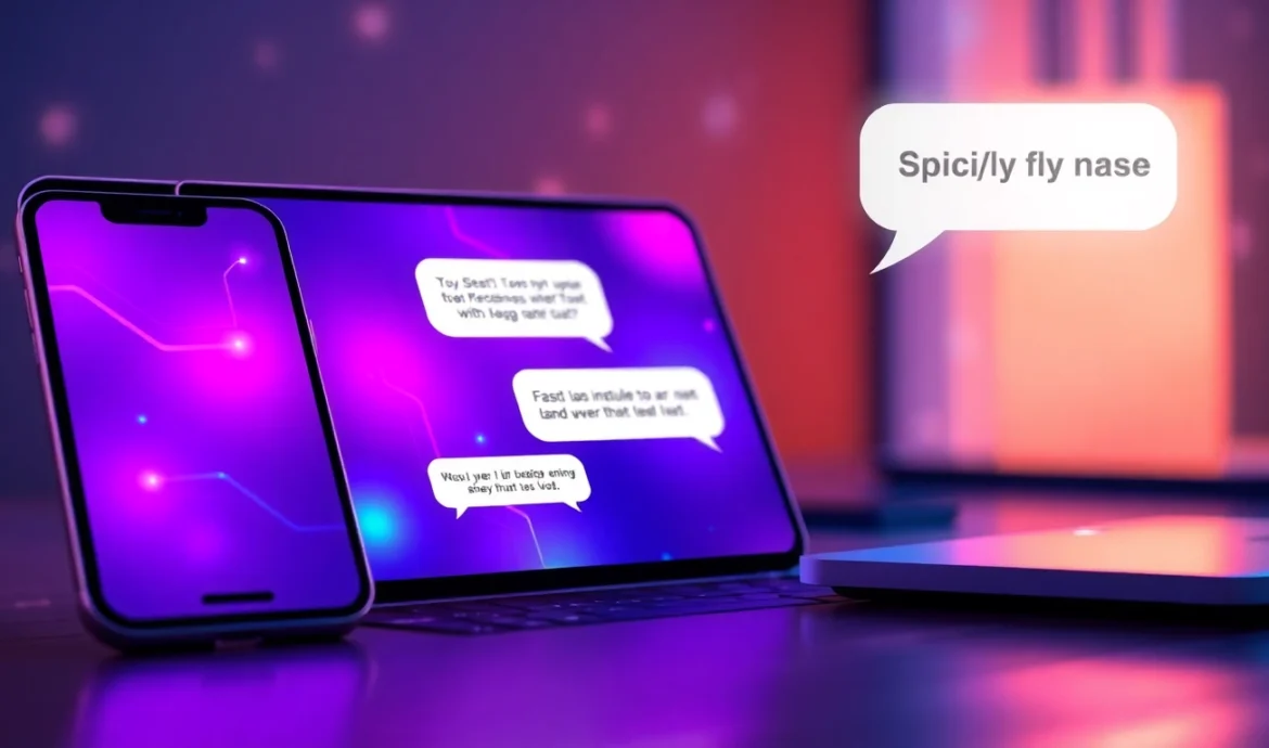Smartphone and laptop screens displaying playful chat interfaces with neon colors and glowing data lines, emphasizing digital intimacy and AI conversation.