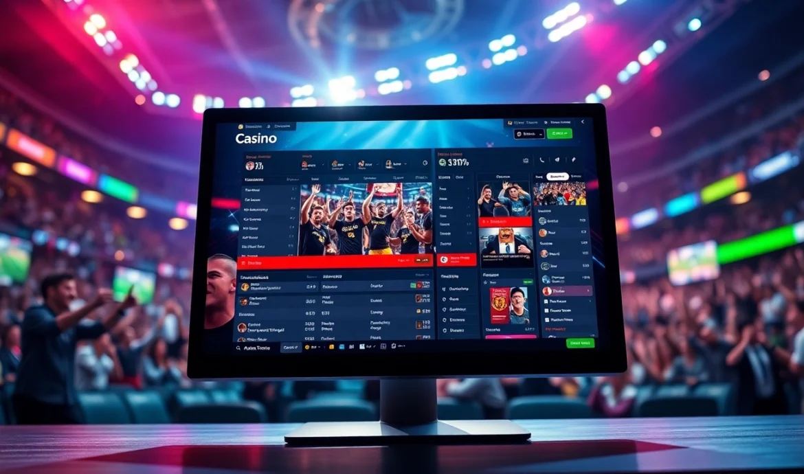 An immersive online sportsbook and casino platform with a lively sports arena background.