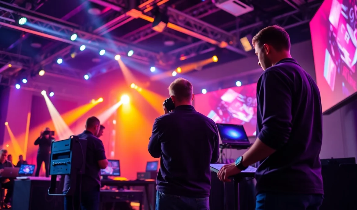 Eventtechnik Verleih Köln: Expert setup of professional audio-visual equipment at a Cologne event venue, ensuring perfect technical support for successful events.