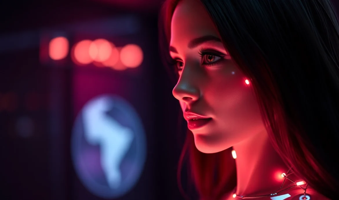 AI girlfriend engaging in a realistic virtual chat, highlighting a detailed digital avatar in a modern tech setting, showcasing advanced AI interaction for personalized companionship.