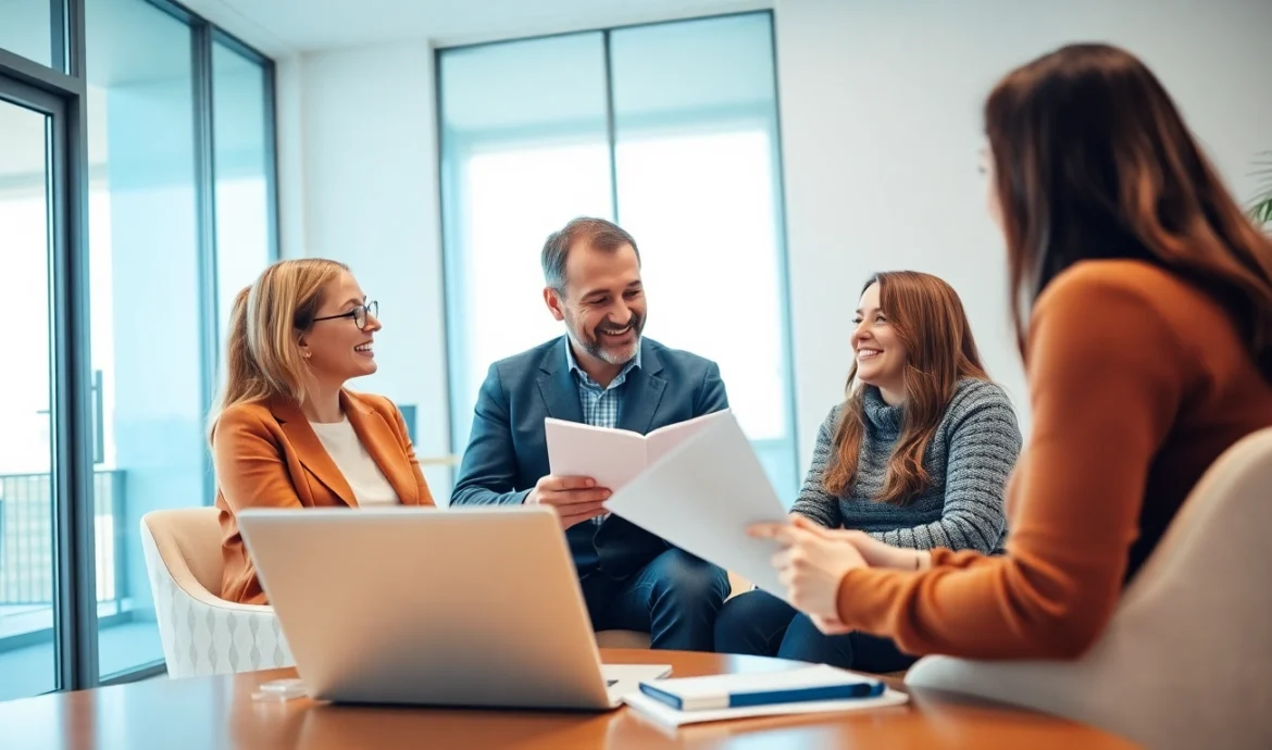 Private health insurance plans: family reviews options with an advisor in a bright office.