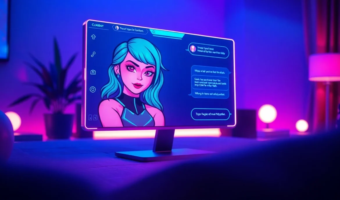 An AI chatbot interface featuring a seductive digital character on a high-tech screen with ambient lighting.