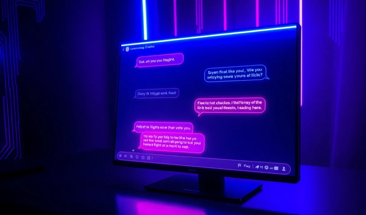 Futuristic AI chat interface with neon accents and suggestive conversation snippets on a digital screen.