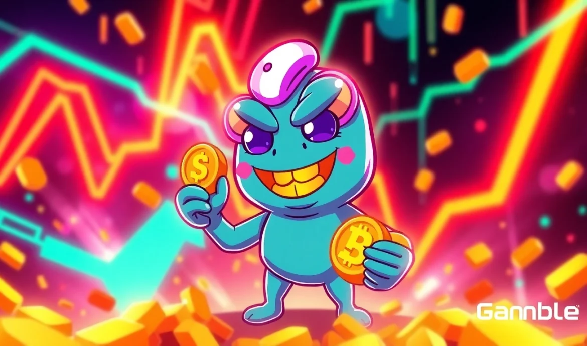 Dynamic scene of APORK Token portrayed with Pepe meme character engaging in GambleFi gaming and