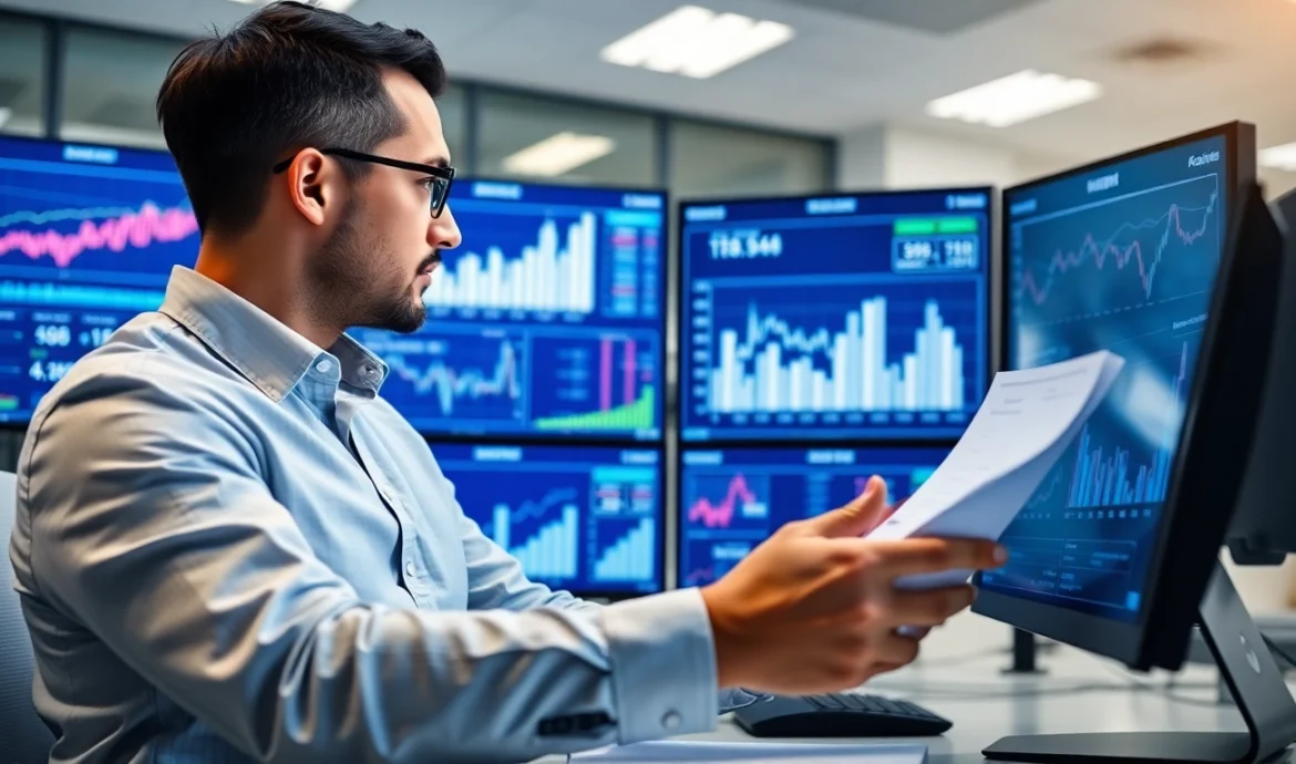 Financial analyst analyzing investment reporting data with charts and graphs in a modern office