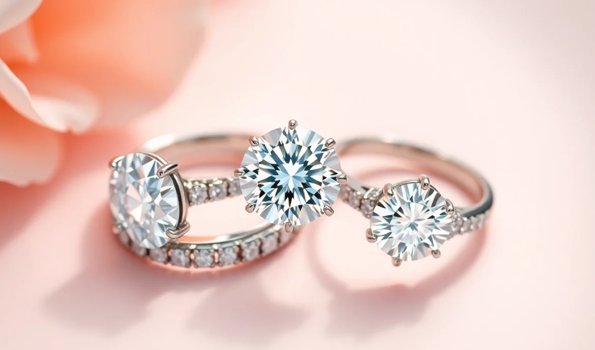 Showcase of sparkling lab-grown diamond rings on velvet cushion, emphasizing brilliance and