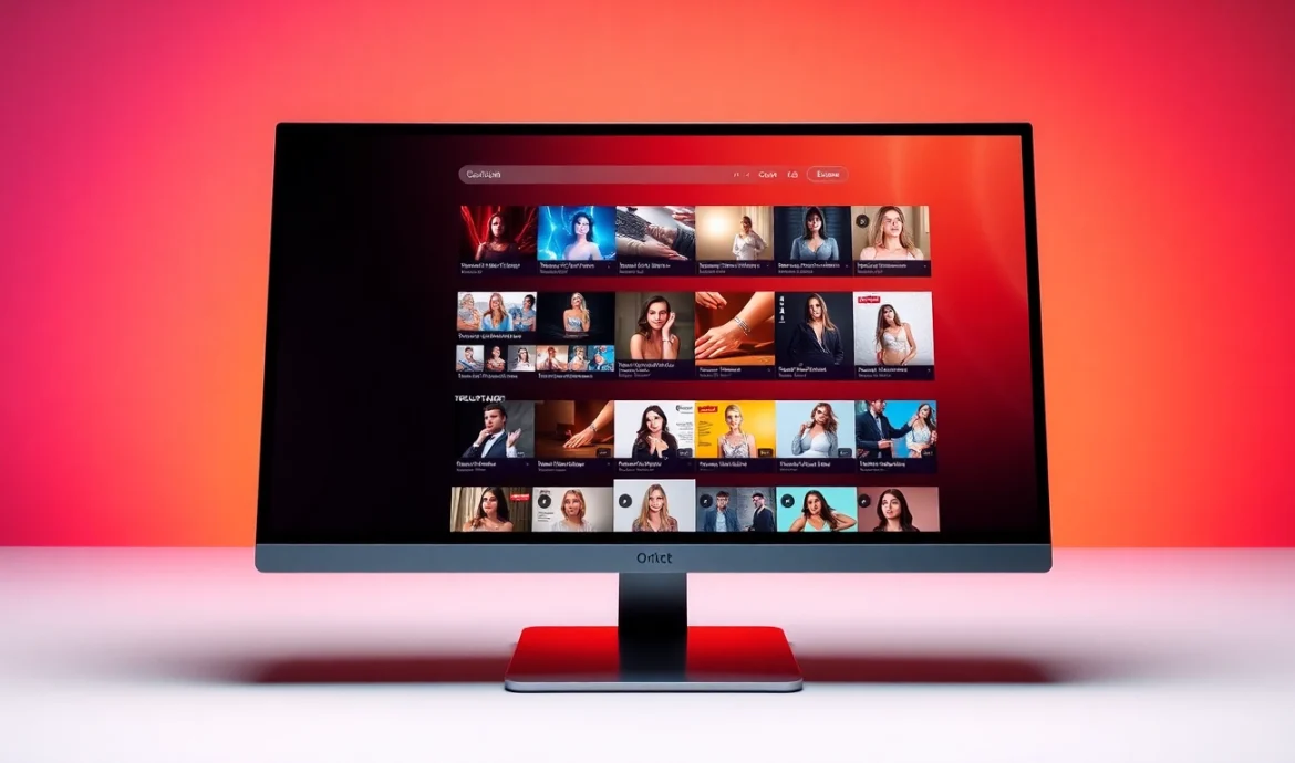 Modern adult website interface displayed on a desktop monitor with colorful thumbnails and vibrant lighting.
