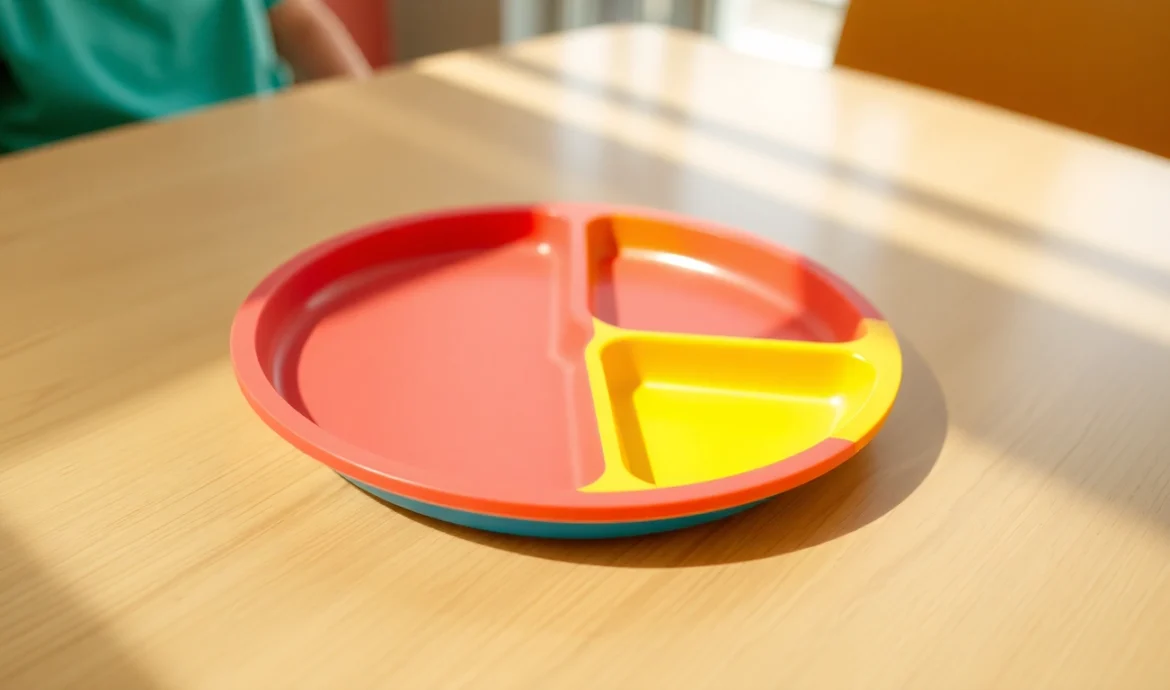The silicone divided plate for self feeding with colorful sections, perfect for toddler meals