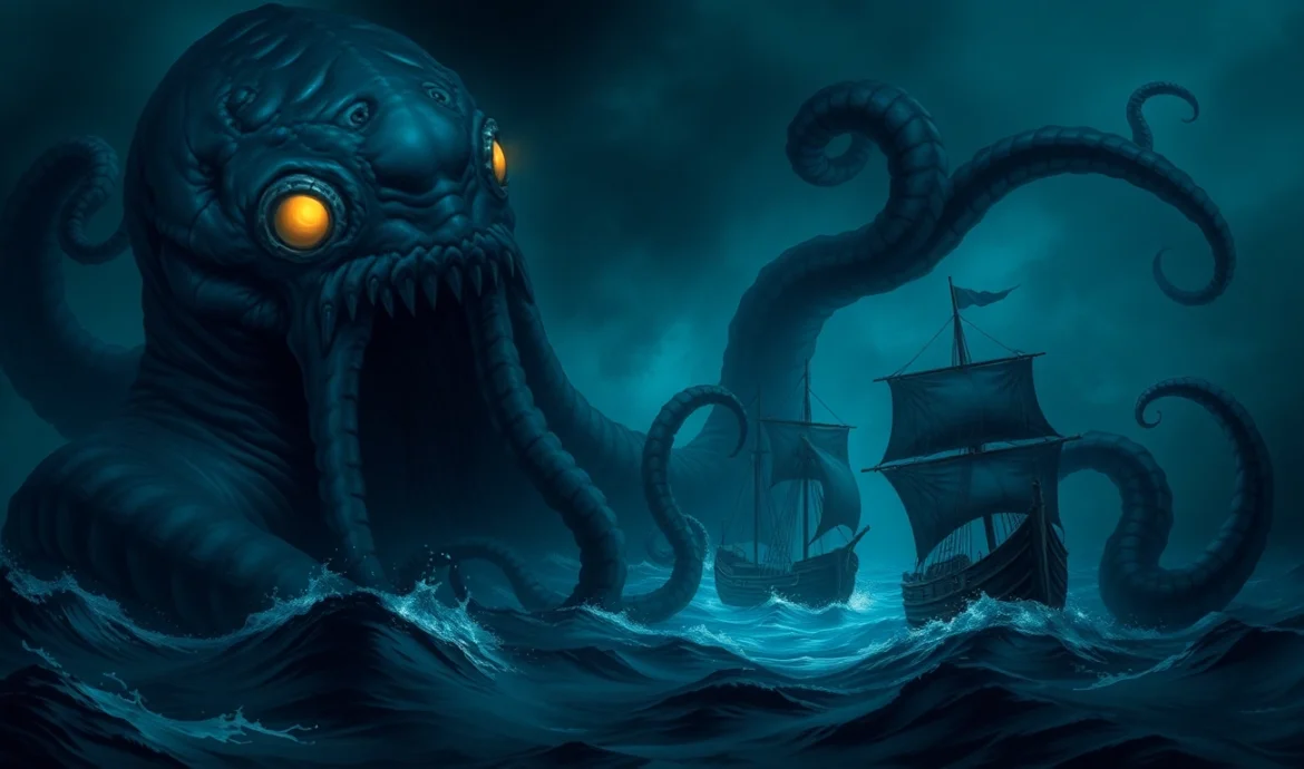 Kraken depicted as a giant tentacled creature emerging from ocean depths with glowing eyes