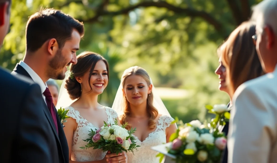 Professional eskuvo fotos capturing candid moments at outdoor wedding with lush greenery and
