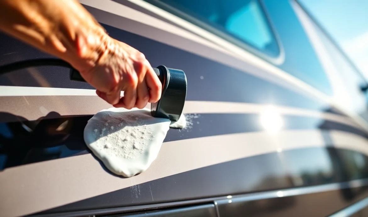 Professional applying Wohnmobil Politursiegelung to a shiny motorhome exterior, showcasing